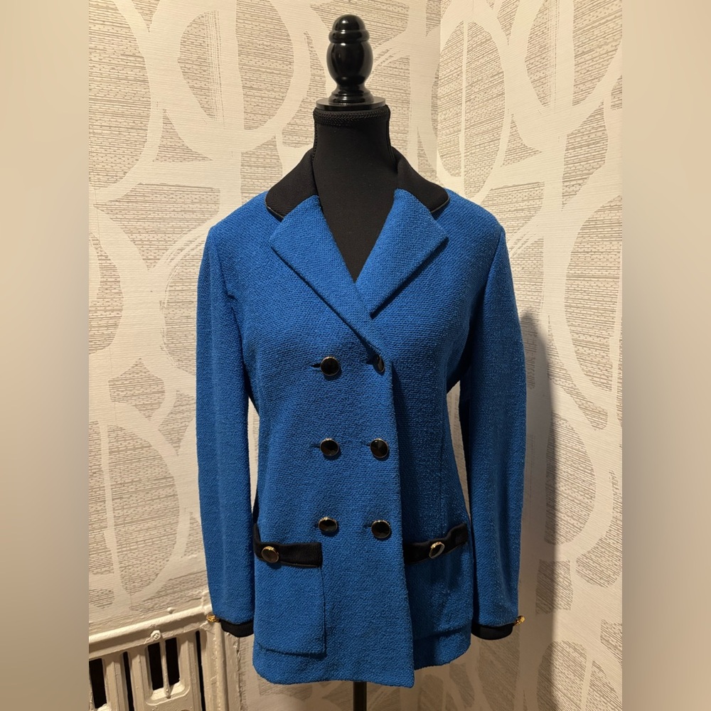 Vintage St John Collection by Marie Gray Blue Knit Double-Breasted Jacket Size 4